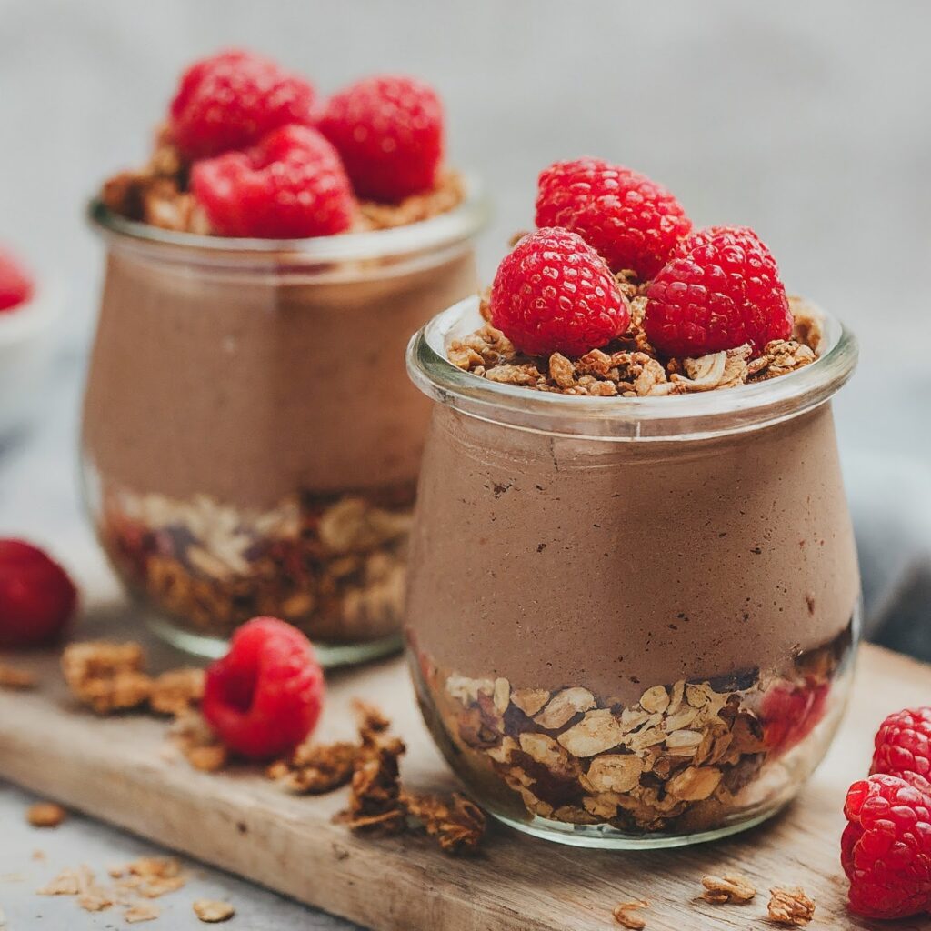 Veganes Schokoladen Protein Mousse Parfait: Dieses dekadente Dessert wird aus Seidentofu hergestellt, der mit Kakaopulver, Ahornsirup und einer Portion Ihres bevorzugten veganen Proteinpulvers püriert wird. Schichten Sie es in einem Glas mit frischen Himbeeren und Granola für einen sättigenden und gesunden Genuss.